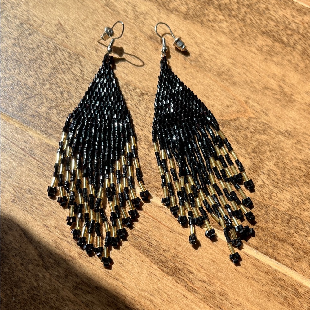 Handcrafted Elegant Black and Gold Beaded Earrings